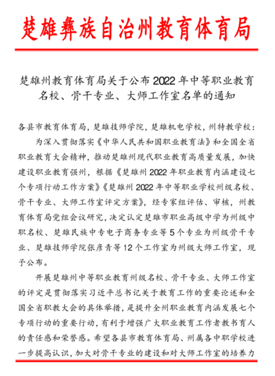 【楚雄电子商务学校】楚雄技师学院电子商务专业荣获州级骨干专业、4个大师工作室荣获州级大师工作室